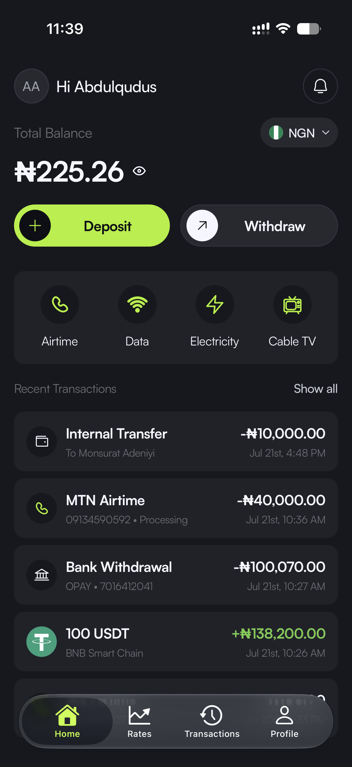 Ember home screen showing a naira balance and bill payments